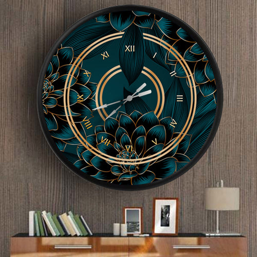 altın çizgili petrol yeşili çiçekler, MDF duvar saati