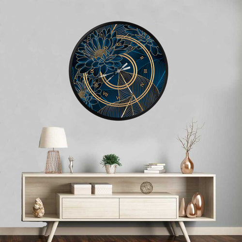 altın çizgili lacivert çiçek deseni, MDF duvar saati