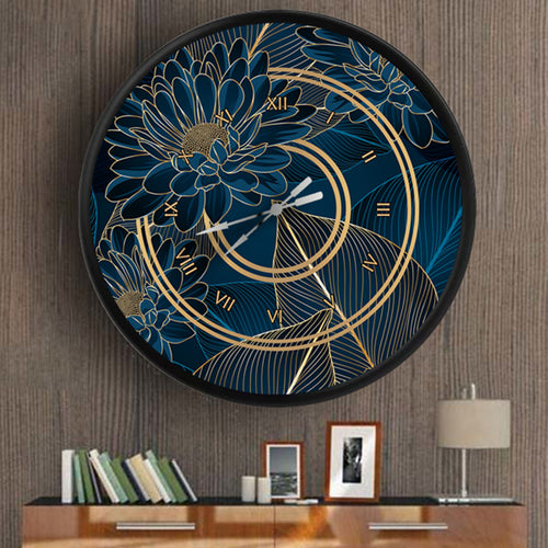 altın çizgili lacivert çiçek deseni, MDF duvar saati