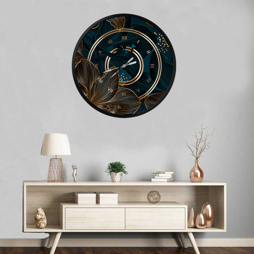 altın ve petrol yeşili çizgisel desenler, MDF duvar saati