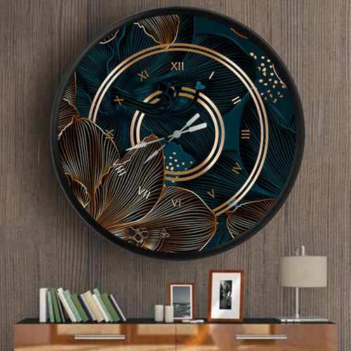 altın ve petrol yeşili çizgisel desenler, MDF duvar saati
