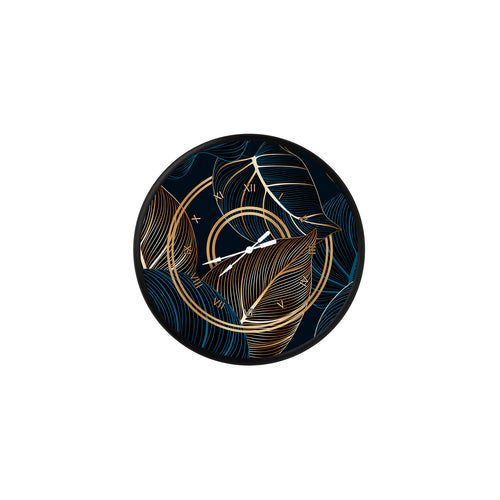 altın ve mavi çizgili tropik yapraklar, MDF duvar saati