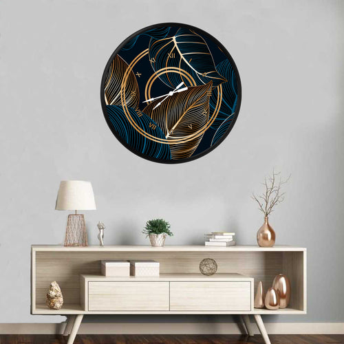 altın ve mavi çizgili tropik yapraklar, MDF duvar saati