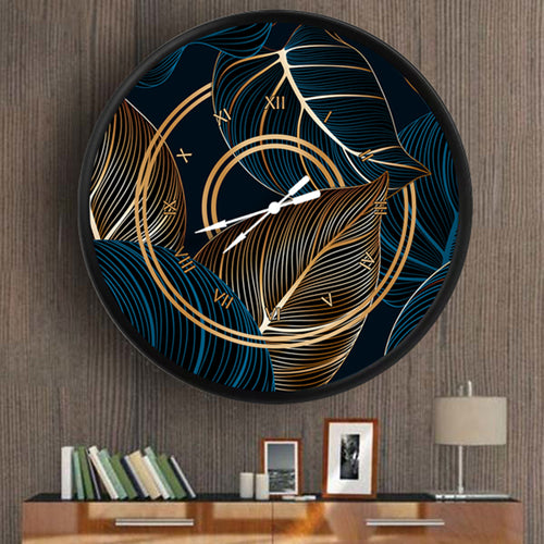 altın ve mavi çizgili tropik yapraklar, MDF duvar saati