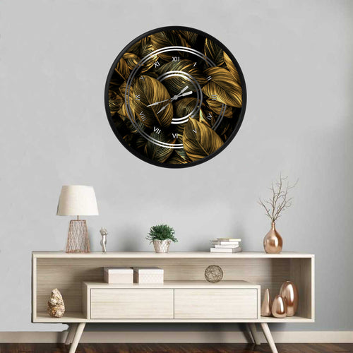 altın yaldızlı koyu renkli yapraklar, MDF duvar saati