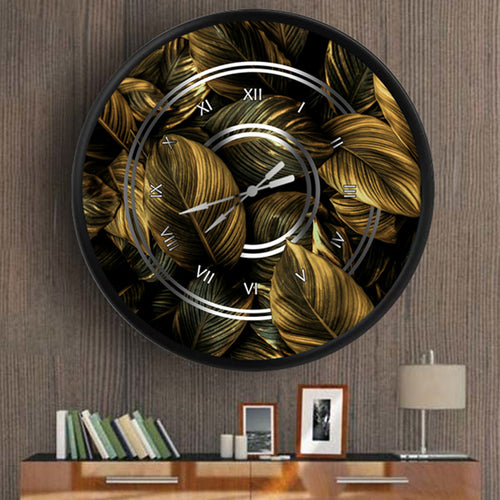 altın yaldızlı koyu renkli yapraklar, MDF duvar saati
