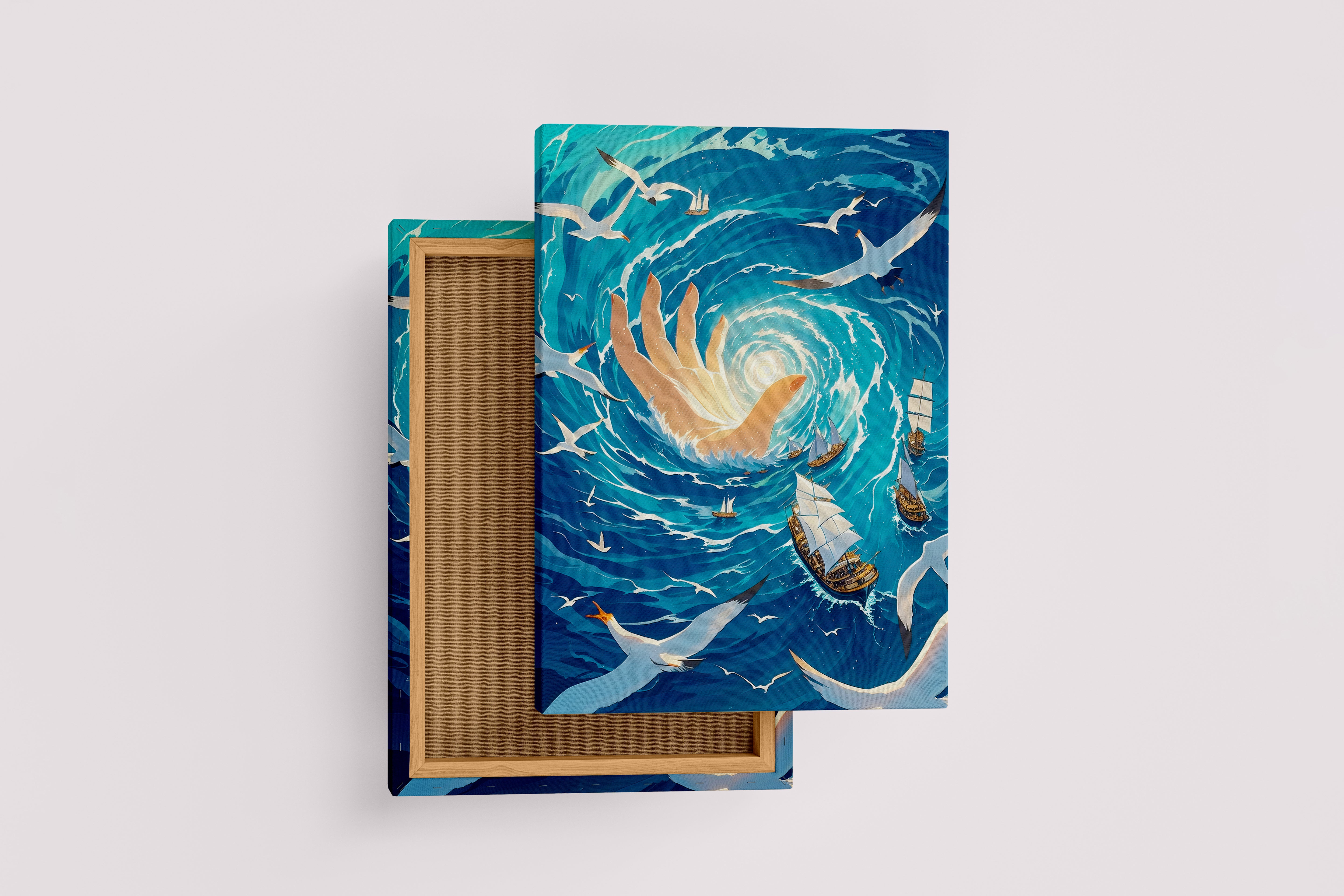 ai creation, a giant glowing hand creating a whirlpool in the sea with ships, ai art, art, kanvas tablo