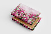 a lush bed of pink roses and white tulips on a sparkling bokeh background, flower motif, art, kanvas tablo