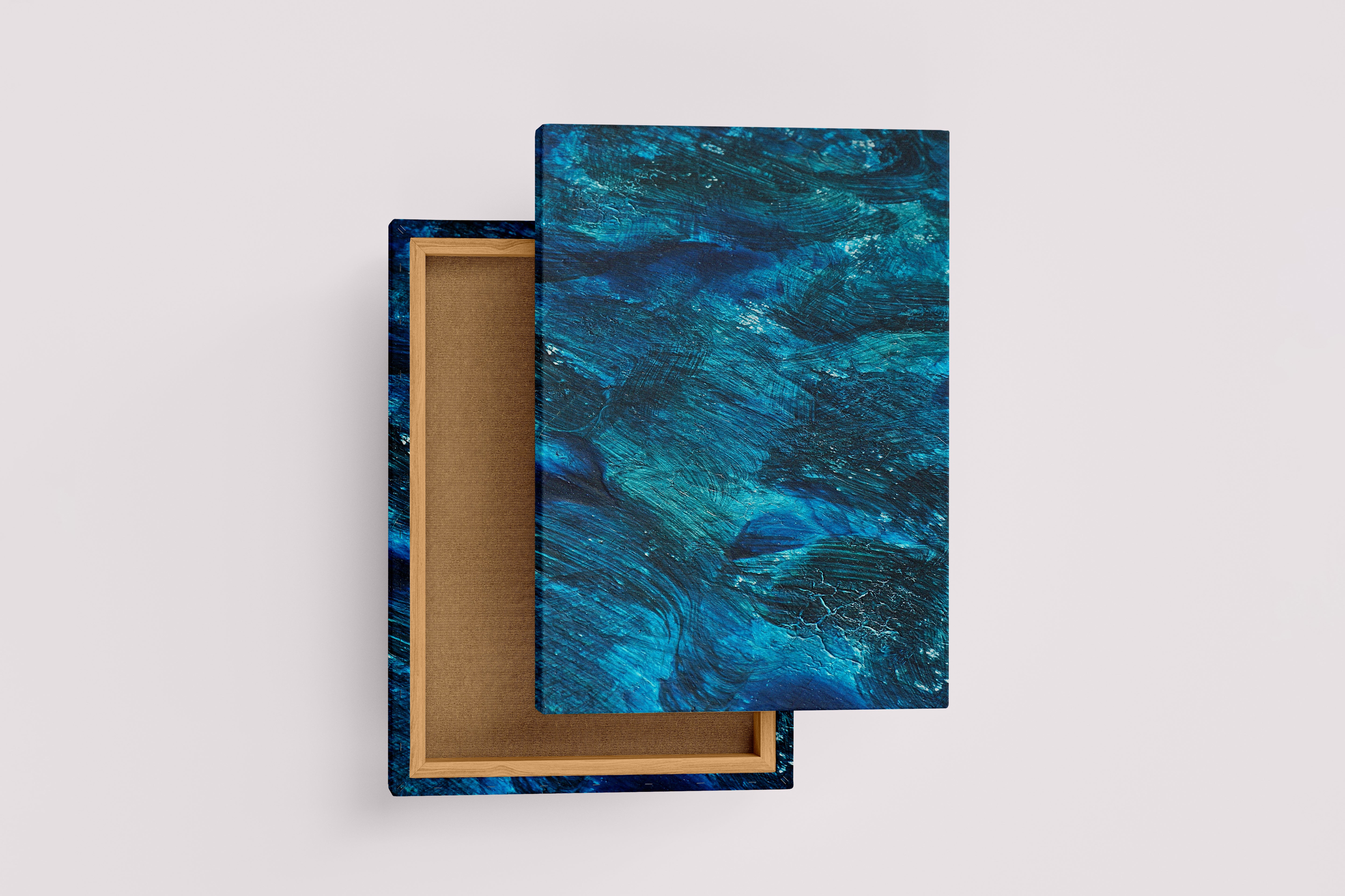 a close-up of a textured abstract painting with brushstrokes in deep blue and teal, abstract, art, kanvas tablo