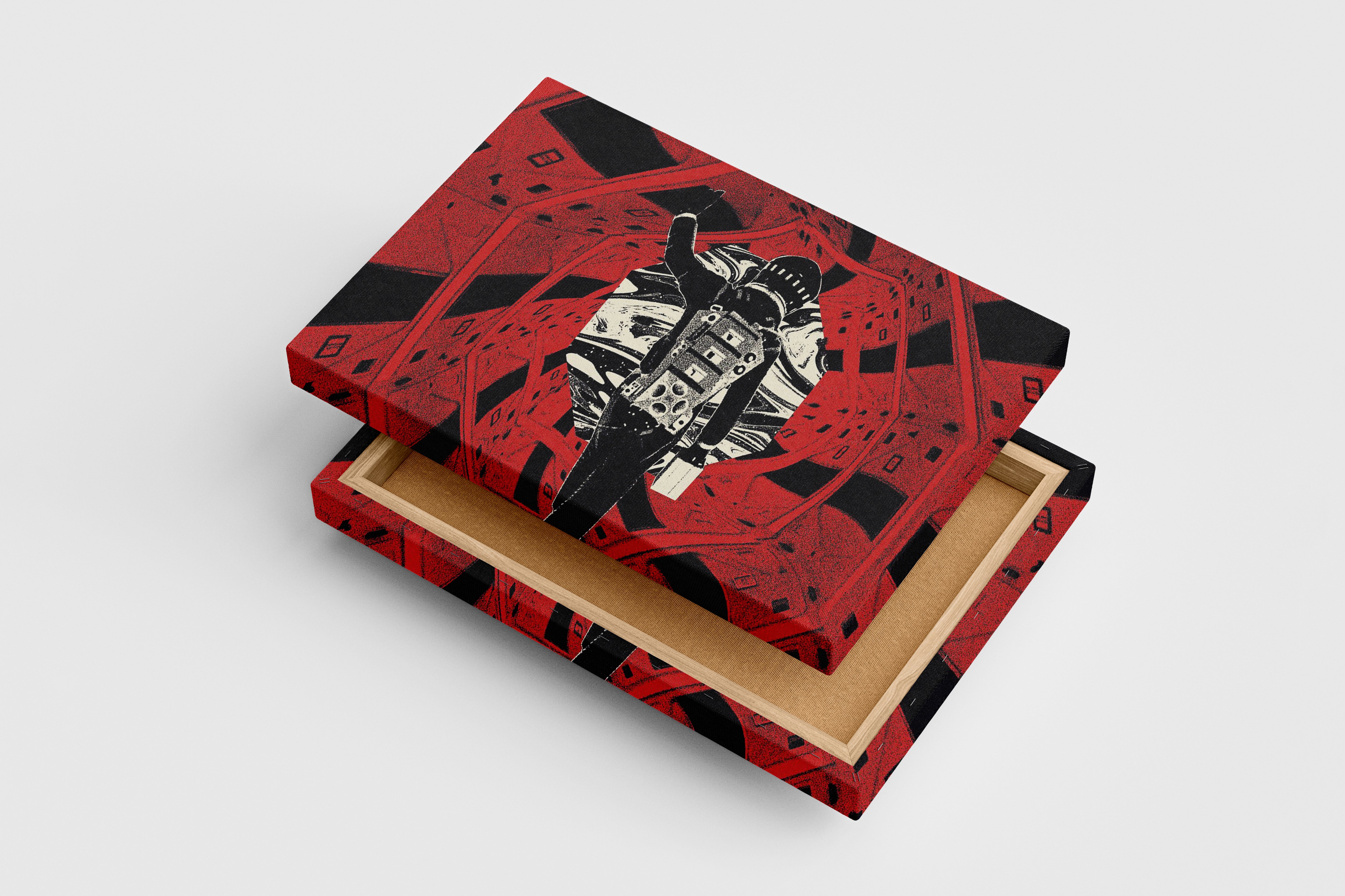 a graphic illustration of an astronaut in the red corridor from 2001, art, kanvas tablo