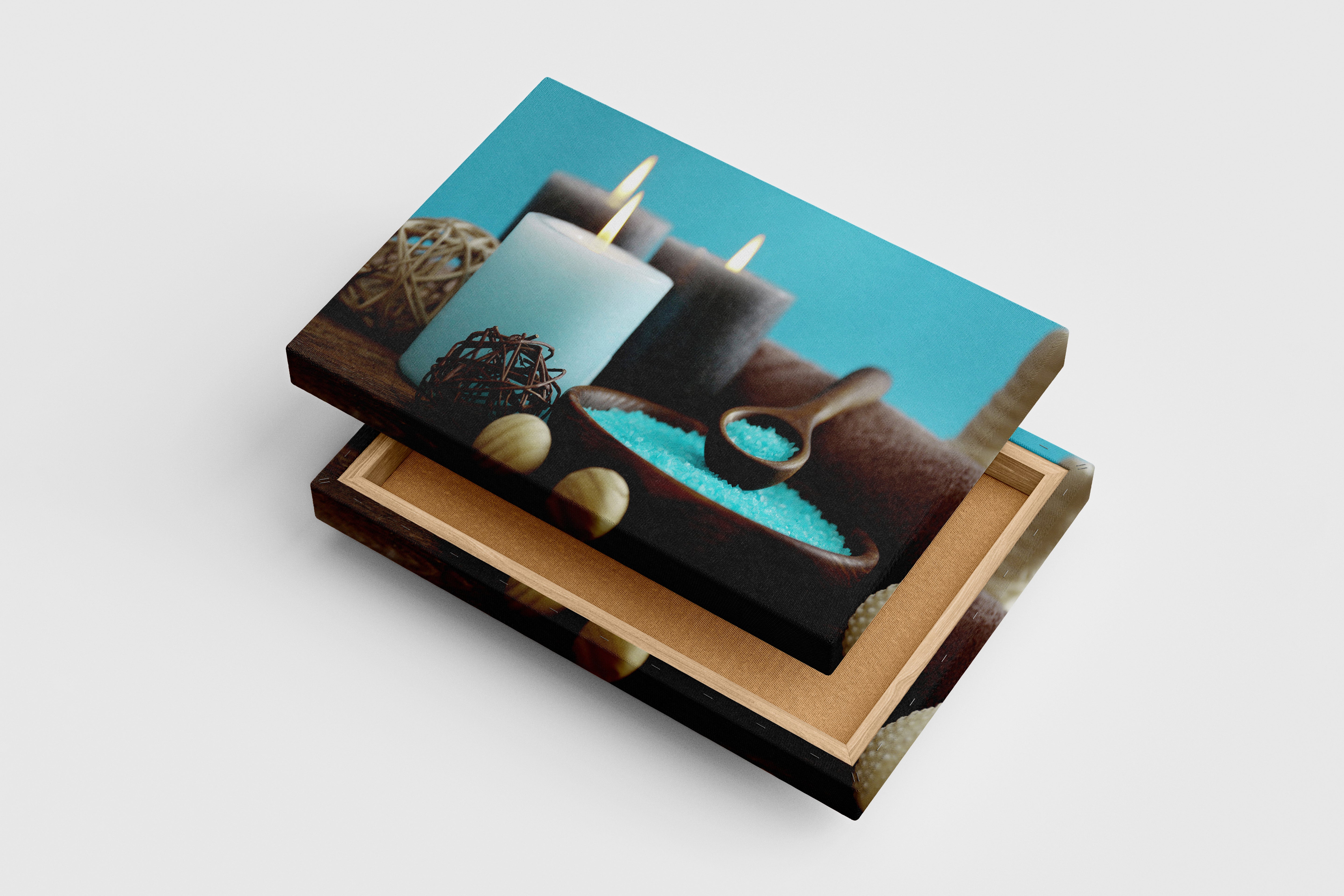 a tranquil spa scene with blue bath salts in a wooden bowl and lit candles, art, kanvas tablo