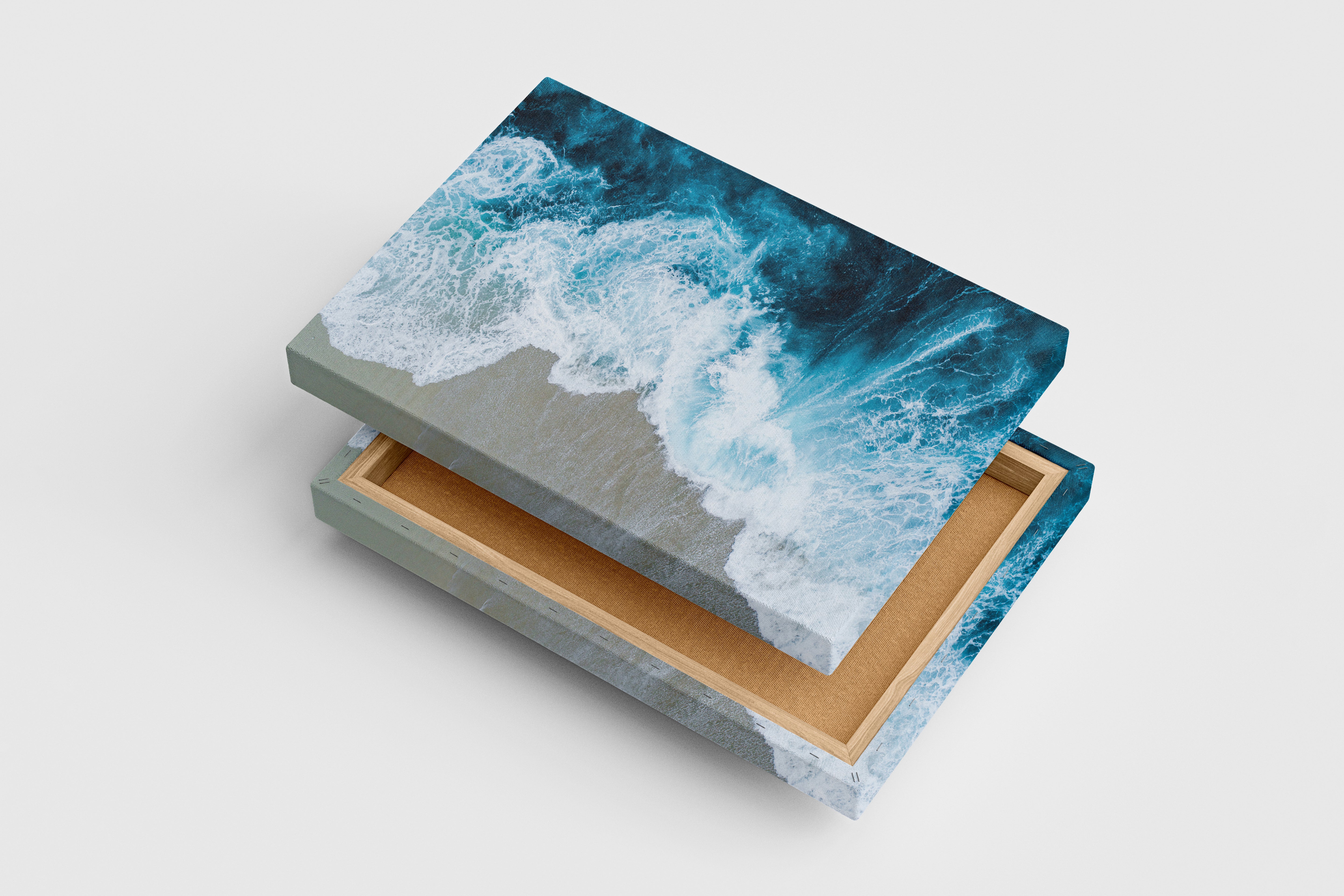an aerial top-down view of turquoise ocean waves crashing on a sandy beach, view, art, kanvas tablo