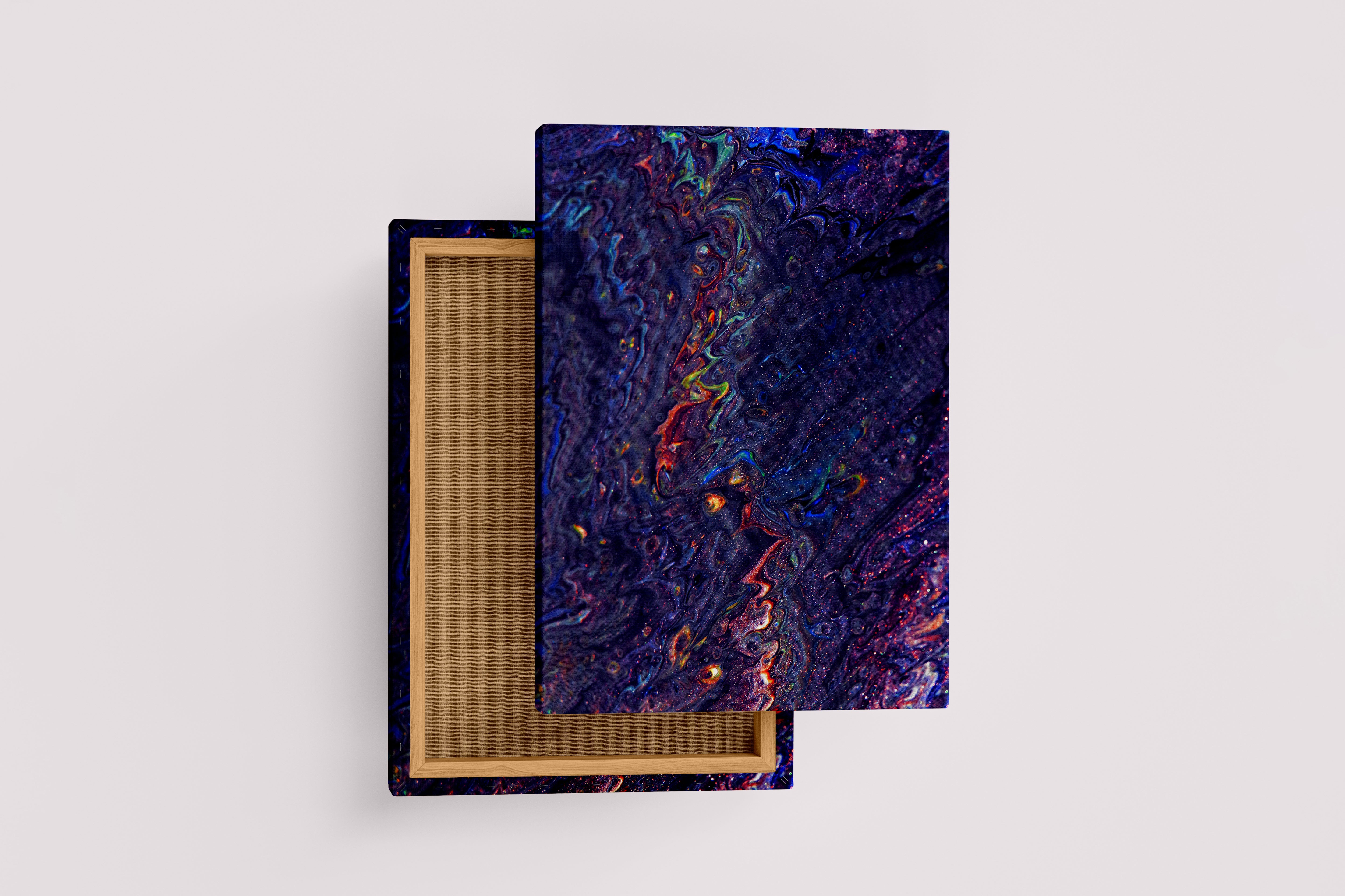 a dark, glittering abstract piece resembling a psychedelic journey through a colorful deep nebula, abstract, art, kanvas tablo