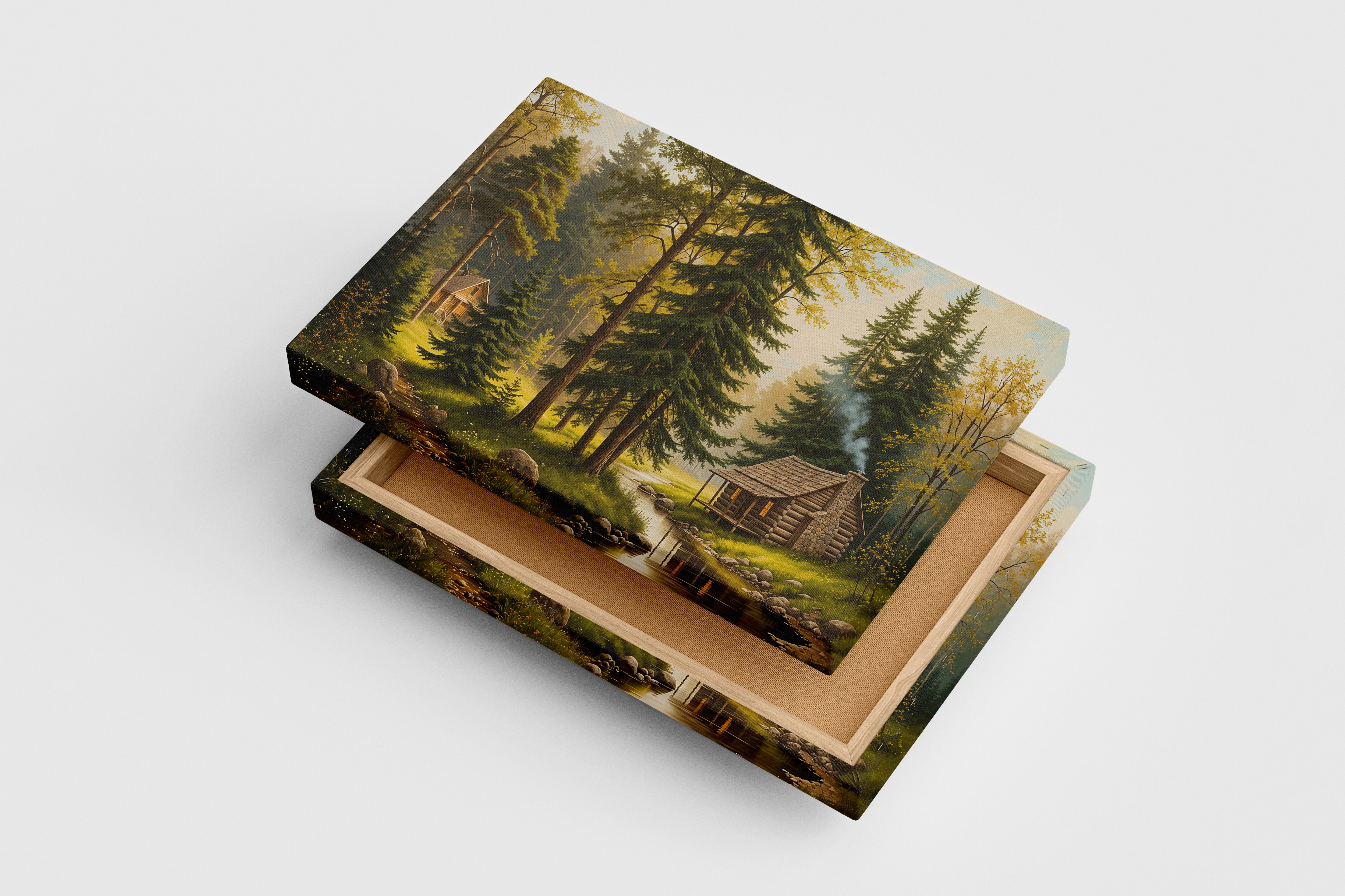 two huts forest view at sunset model 3, view, art, kanvas tablo
