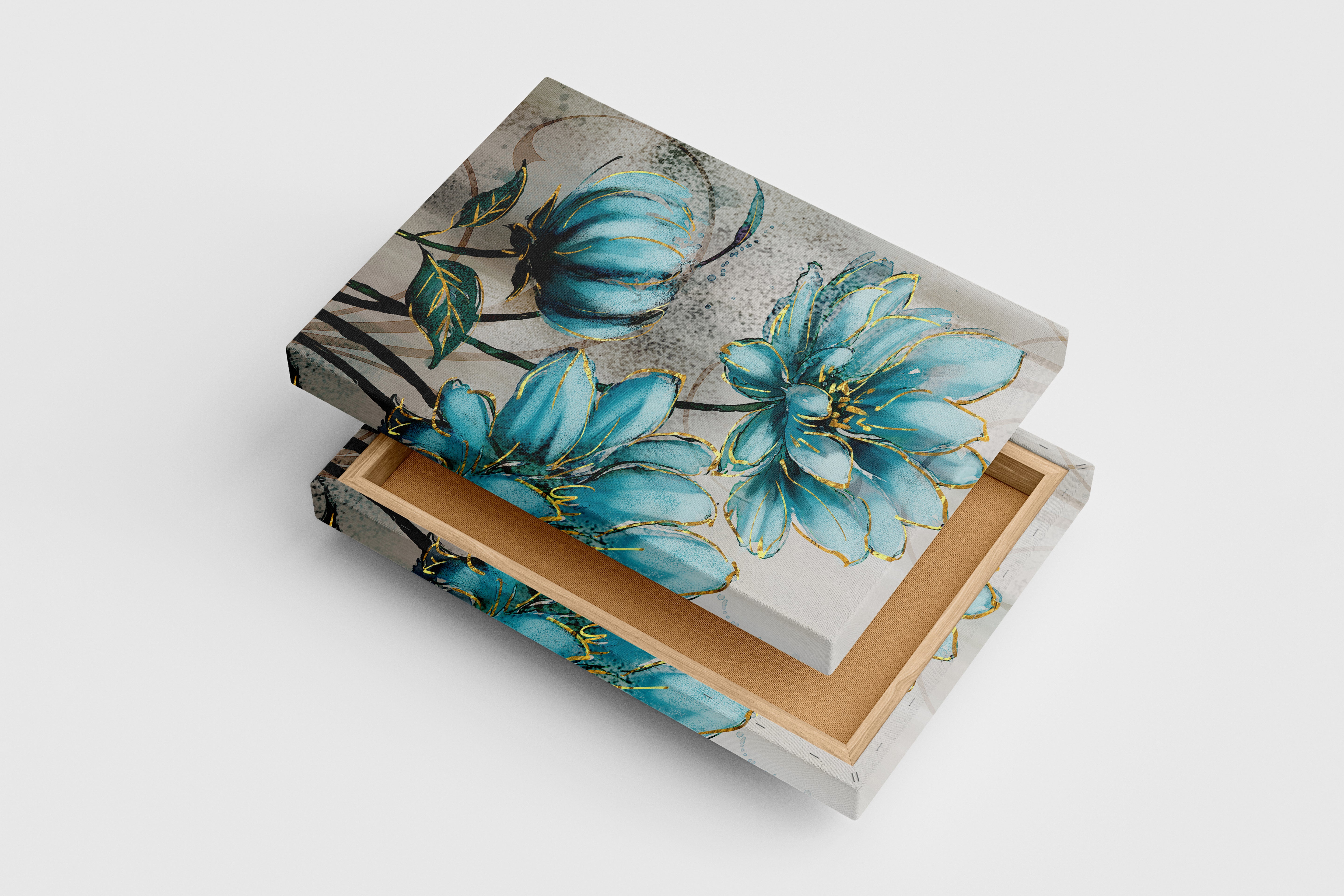 a modern illustration of turquoise flowers outlined with shimmering gold, flower motif, art, kanvas tablo