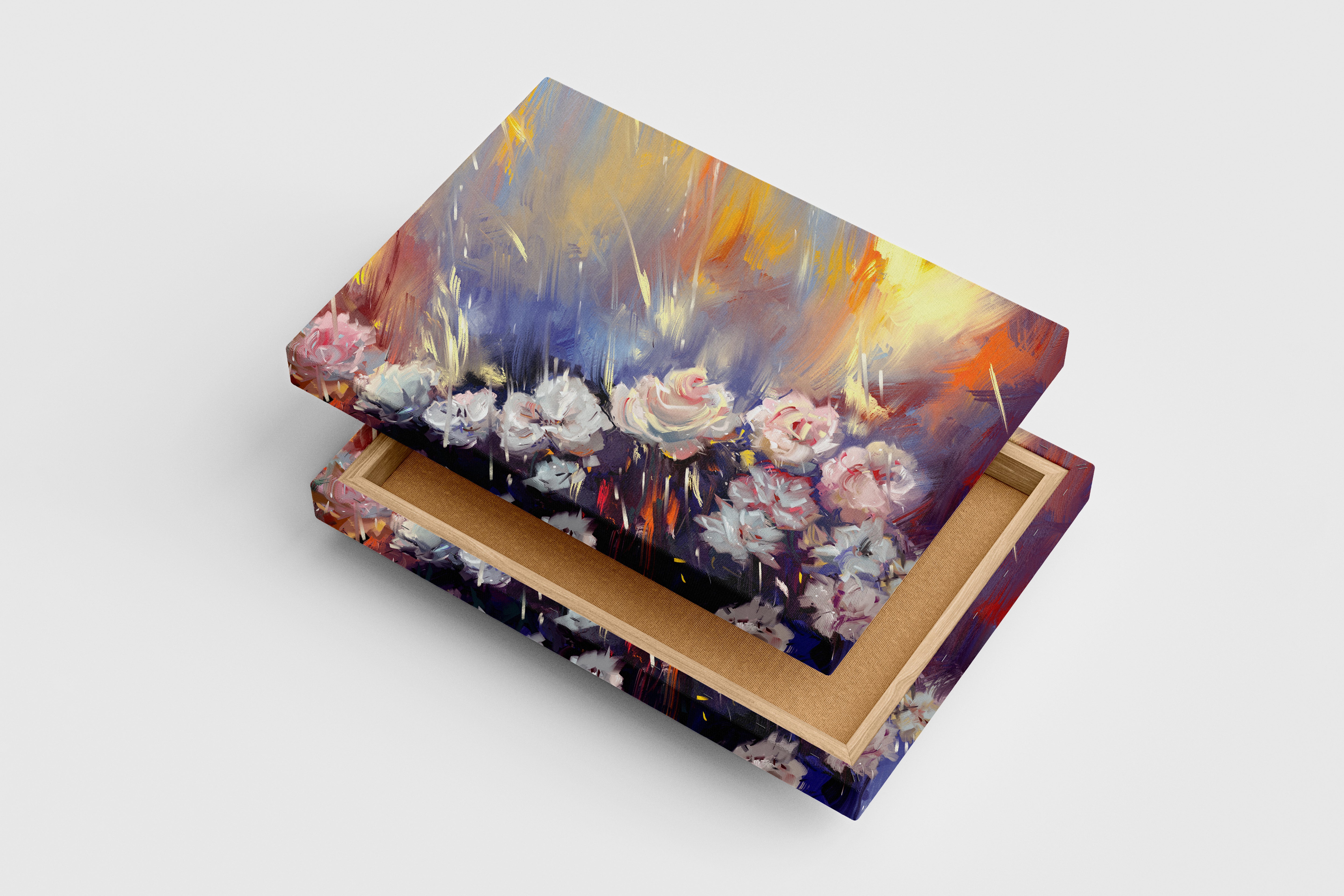 a dramatic, expressive painting of white roses with streaks of colorful light, art, kanvas tablo