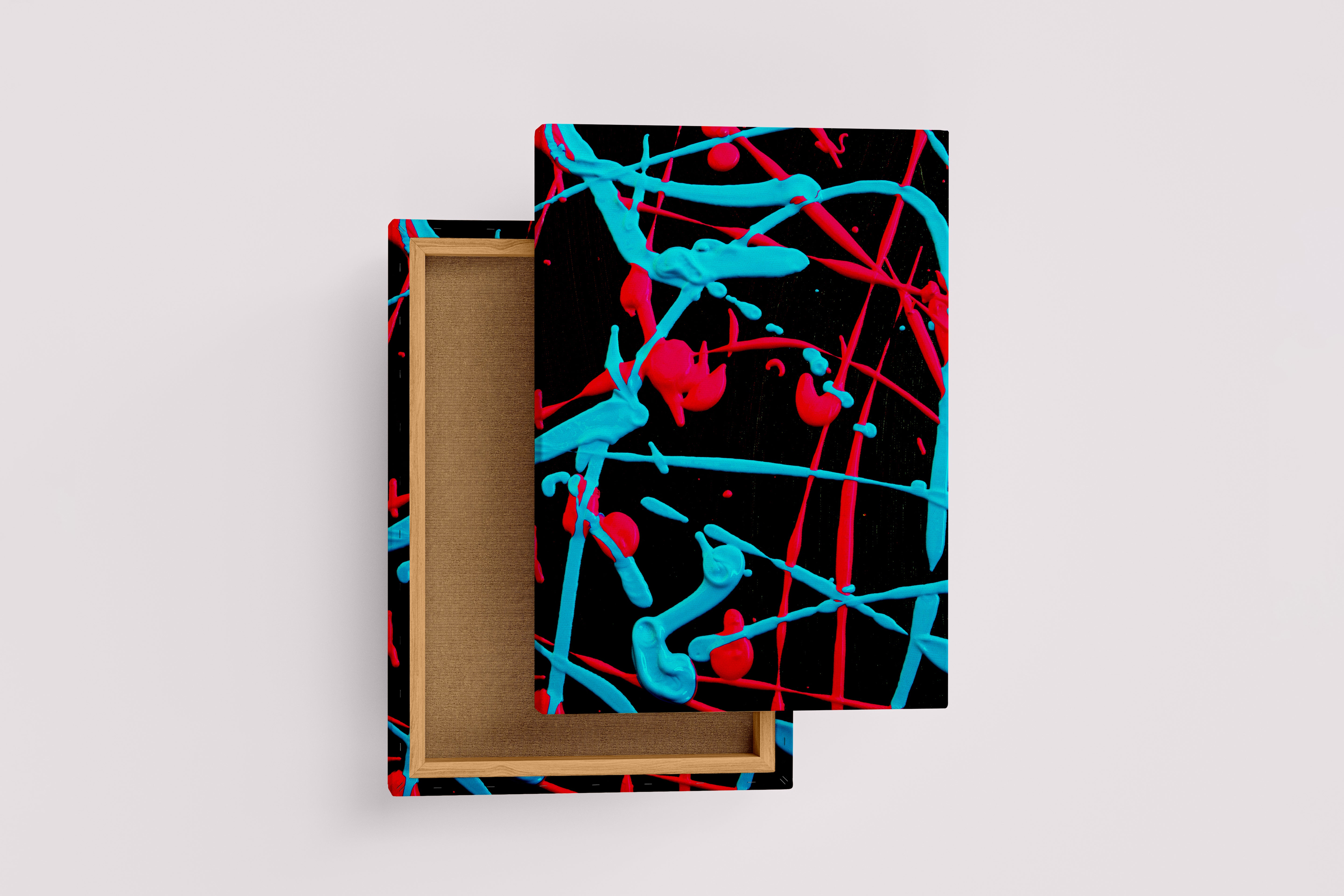vibrant abstract splatters of bright red and cyan paint on a solid black background, abstract, art, kanvas tablo
