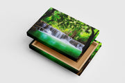 a silky, cascading waterfall in a lush jungle with an emerald green pool, view, art, kanvas tablo