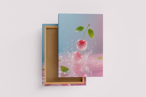 ai creation, cherry falling into water, the theme of pink tones, ai art, art, kanvas tablo