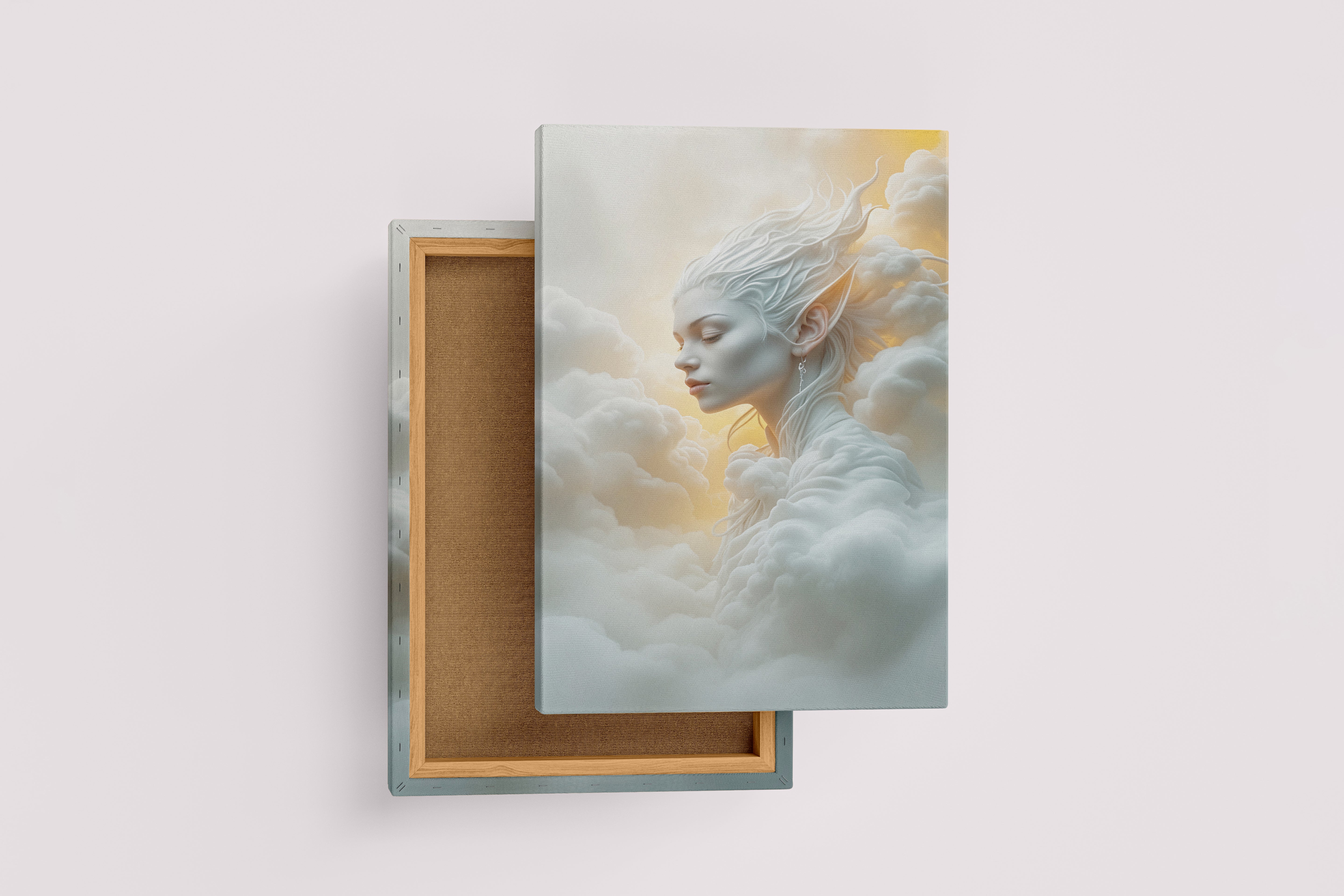 ai creation, an ethereal air spirit with pointed ears, her body made of clouds, ai art, art, kanvas tablo