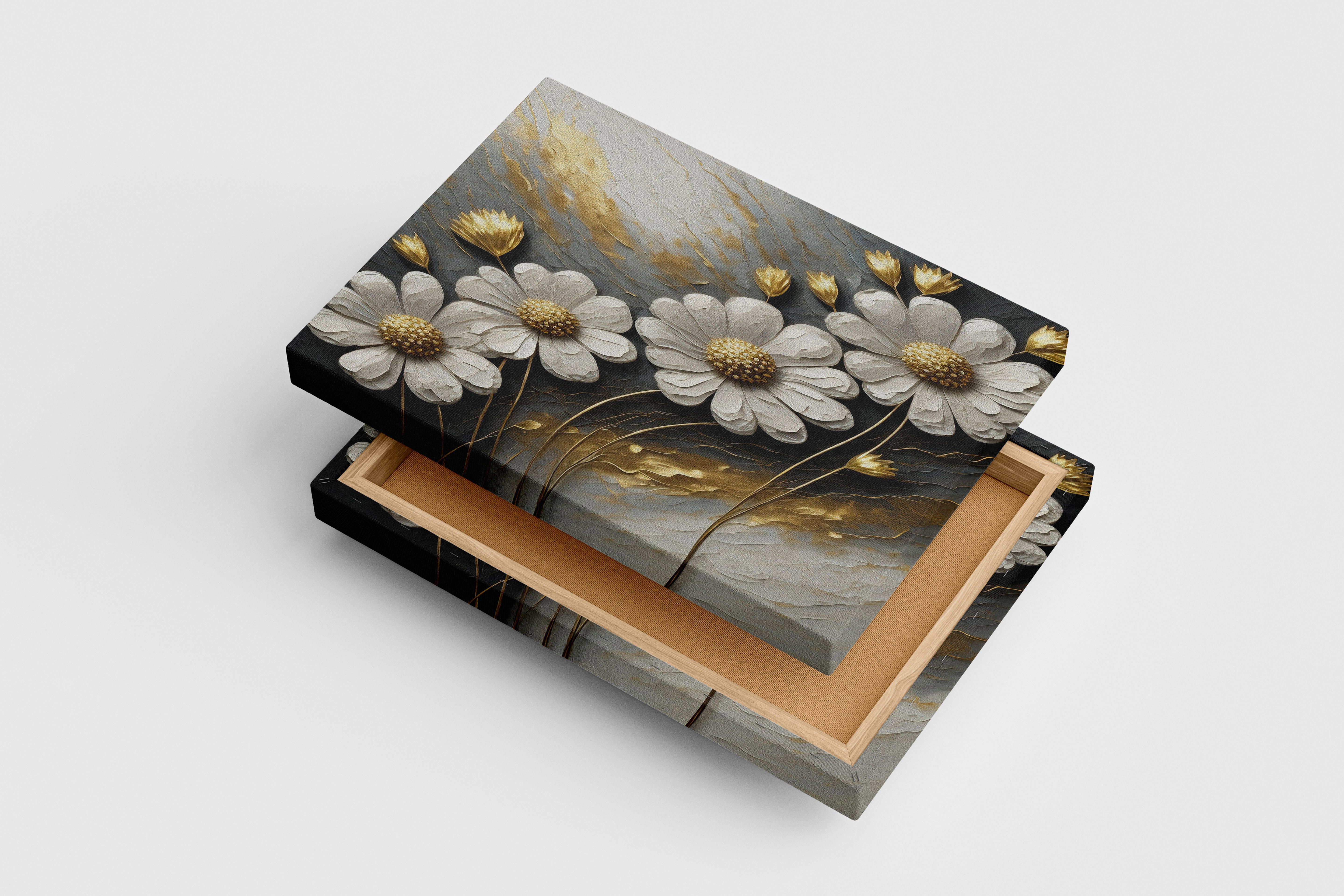 3d white daisies with golden centers on a grey and gold impasto background, flower motif, art, kanvas tablo