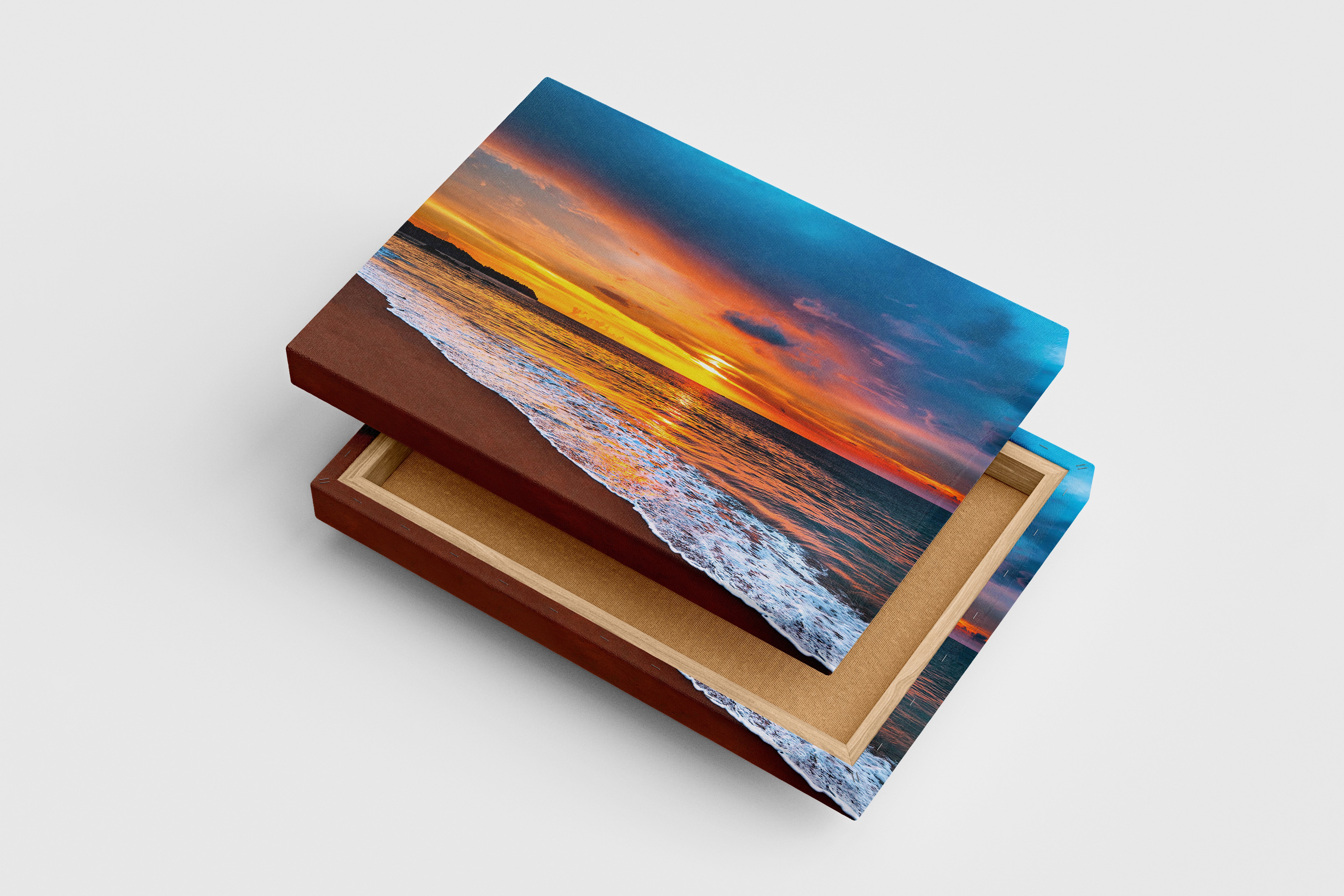 a fiery orange sunset meets a dark blue sky over a beach, view, art, kanvas tablo