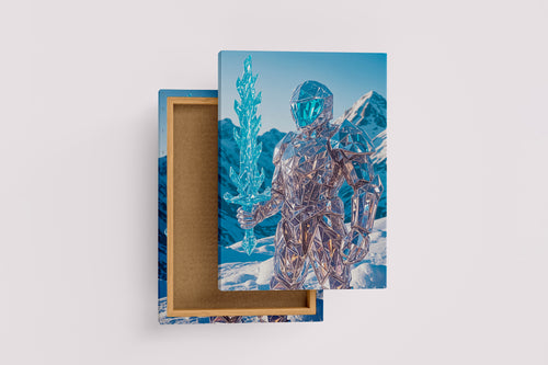 ai creation, crystal shining warrior holding a crystal sword, frozen theme, ai art, art, kanvas tablo