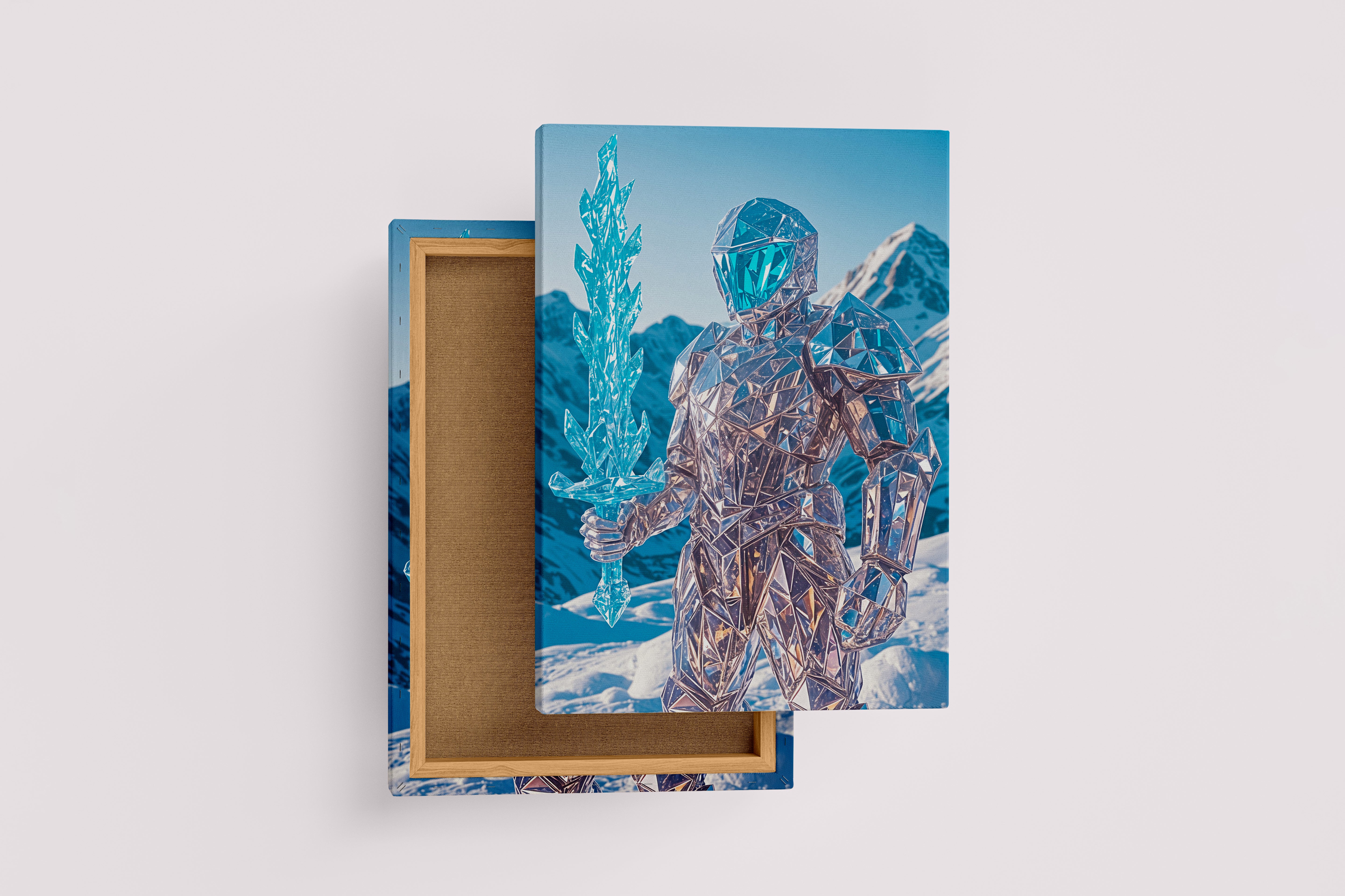 ai creation, crystal shining warrior holding a crystal sword, frozen theme, ai art, art, kanvas tablo