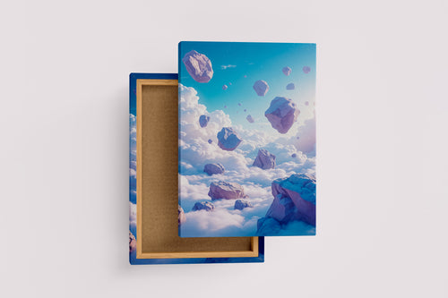 ai creation, large rock pieces flying above the clouds, ai art, art, kanvas tablo