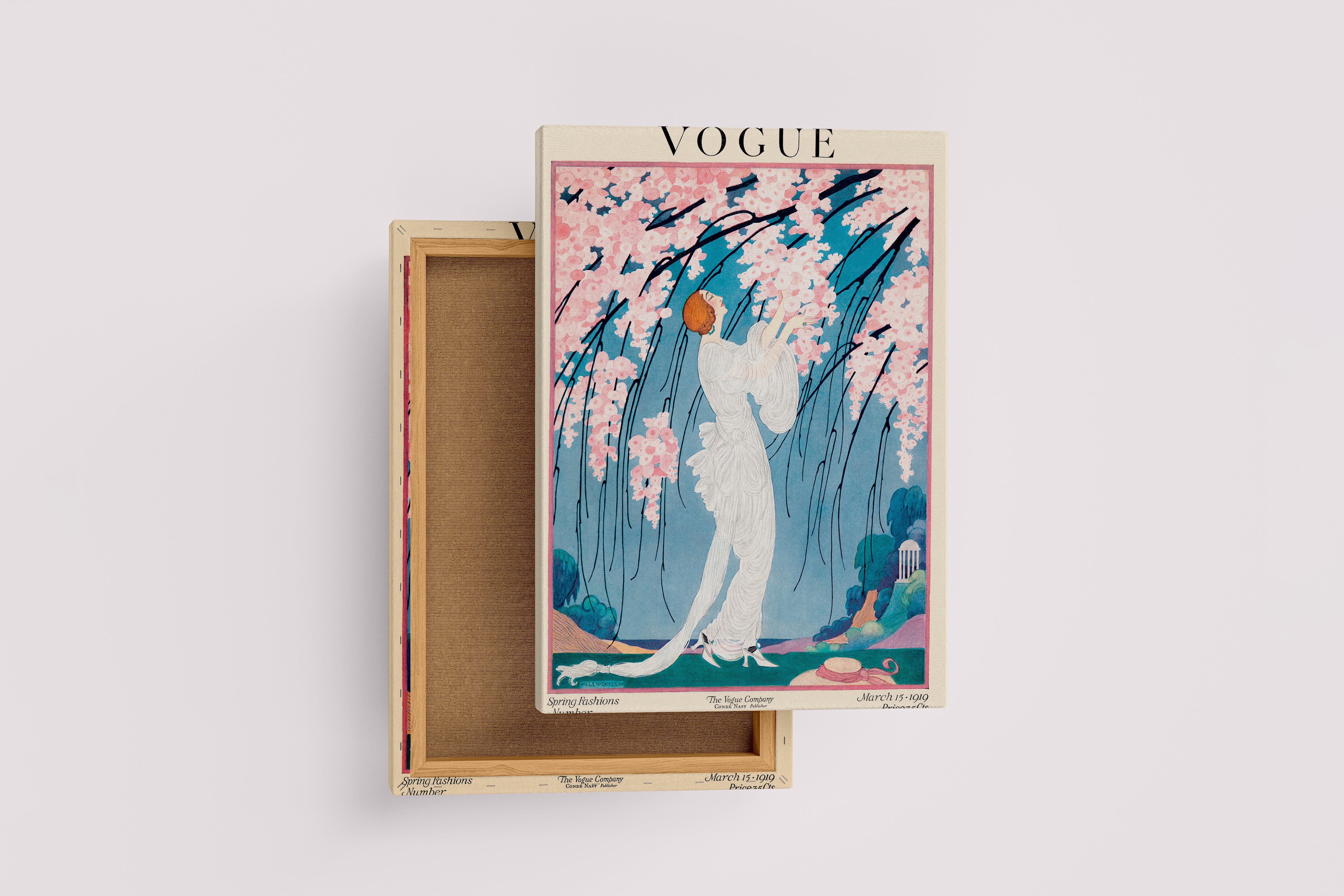 a vintage art nouveau vogue cover of a woman under pink blossoms, art, kanvas tablo