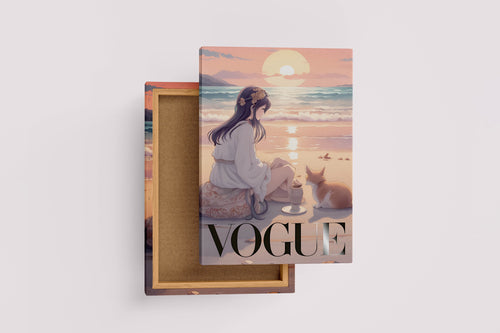 ai creation vogue, anime, beauty, sitting on the beach with cat, art, kanvas tablo