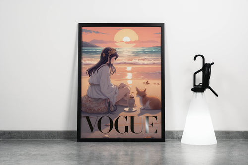 ai creation vogue, anime, beauty, sitting on the beach with cat, art, kanvas tablo