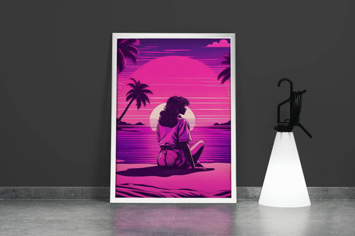 retrowave vogue, pop art, sunshine, sitting on the beach, art, kanvas tablo