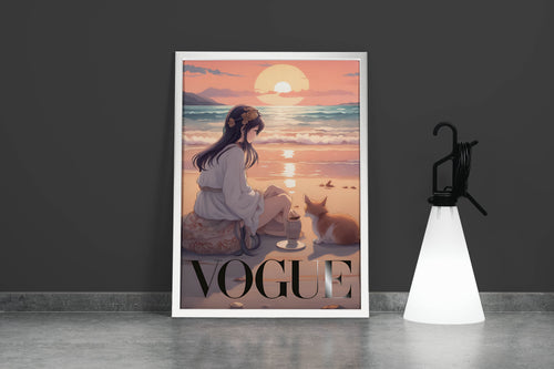 ai creation vogue, anime, beauty, sitting on the beach with cat, art, kanvas tablo