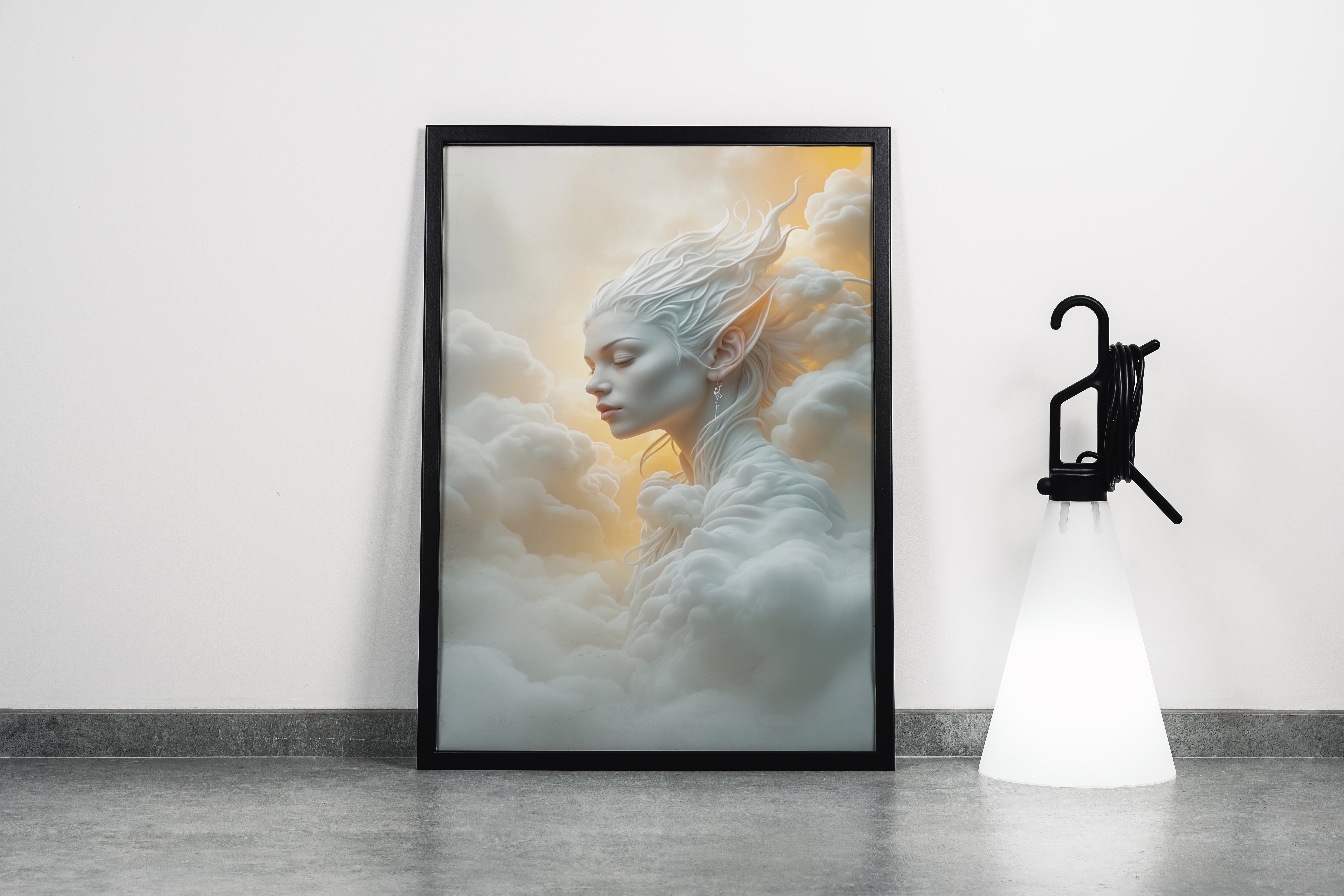ai creation, an ethereal air spirit with pointed ears, her body made of clouds, ai art, art, kanvas tablo