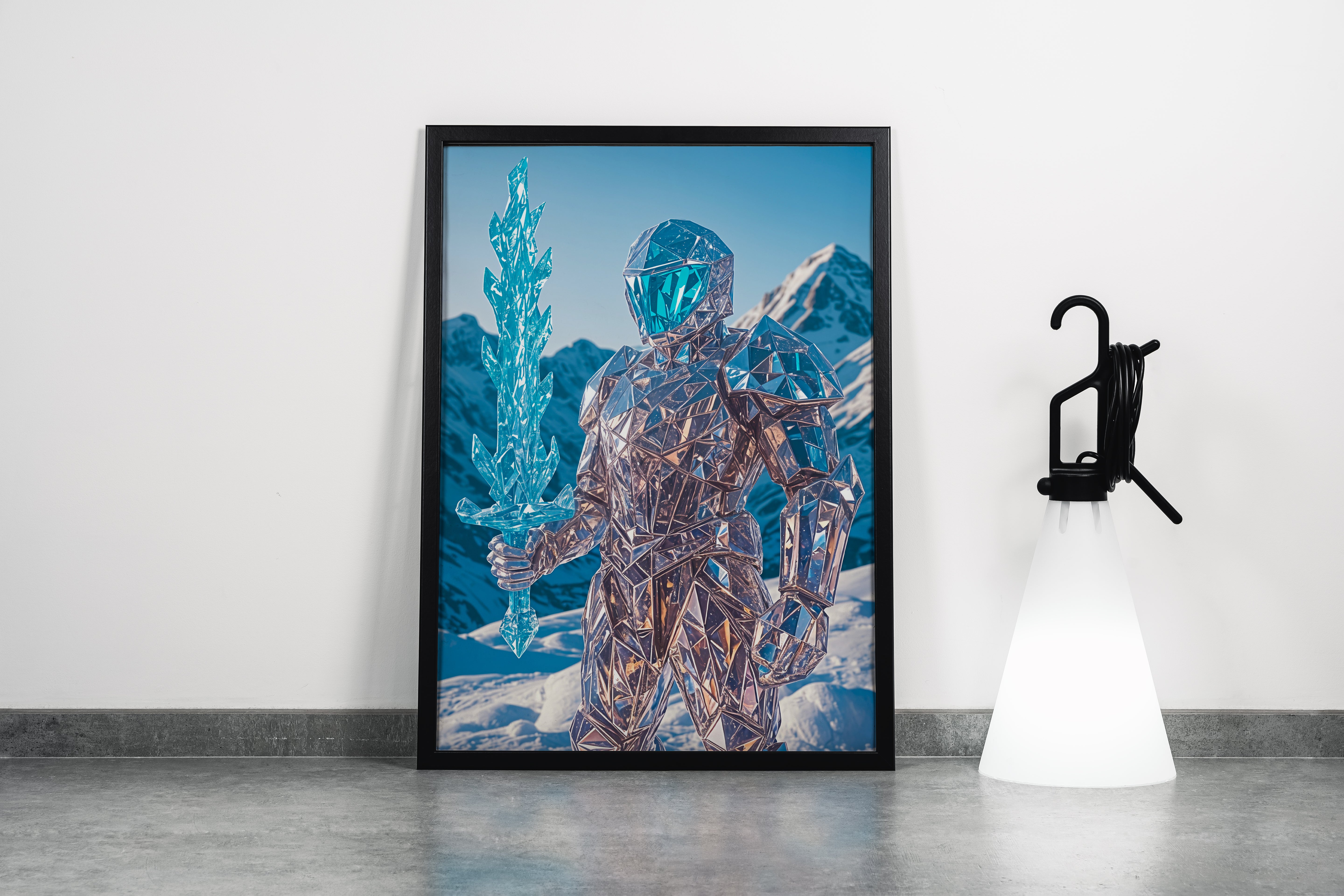 ai creation, crystal shining warrior holding a crystal sword, frozen theme, ai art, art, kanvas tablo