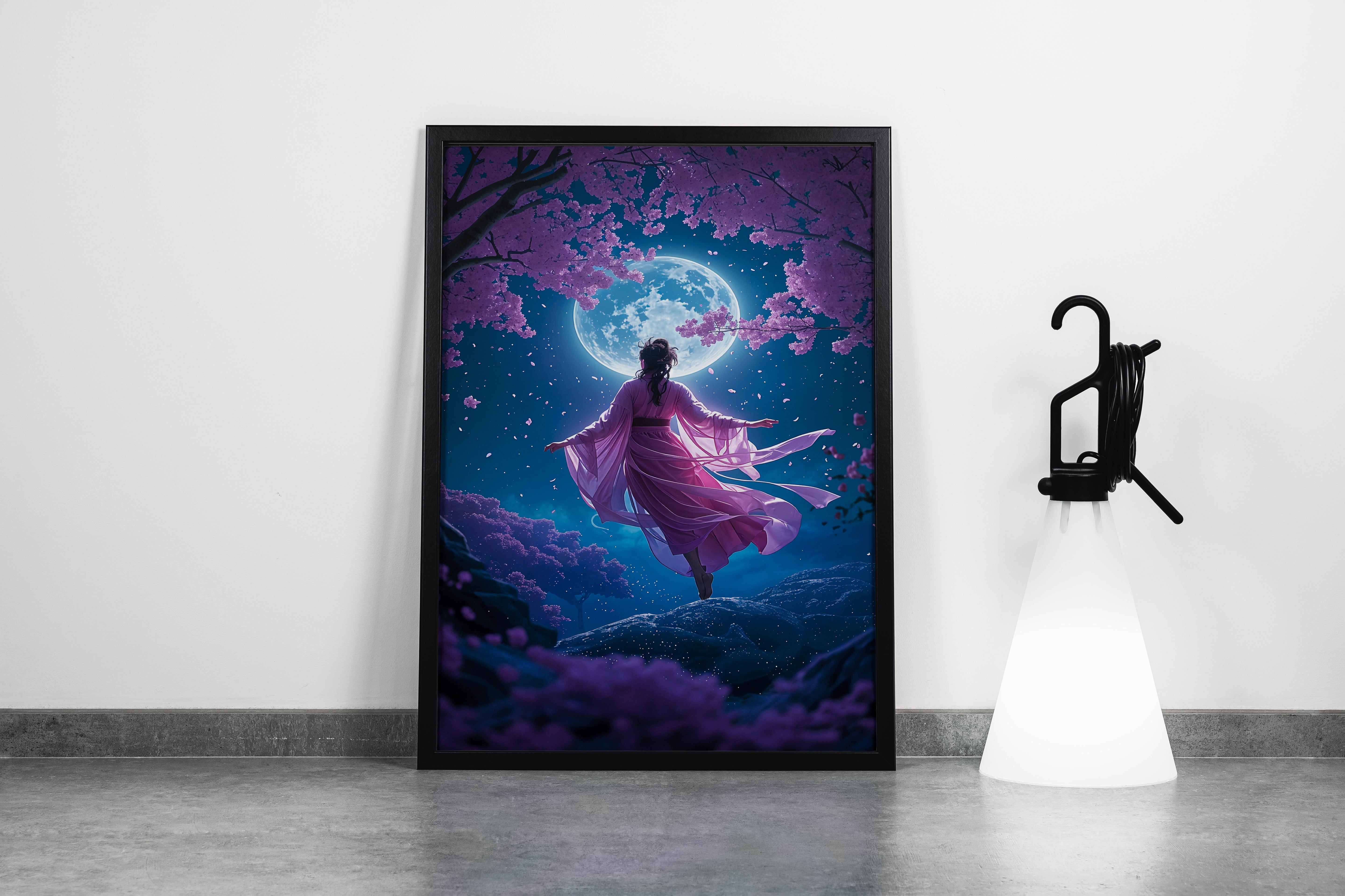 ai creation, a woman in a pink kimono under a full moon and cherry blossoms, ai art, art, kanvas tablo