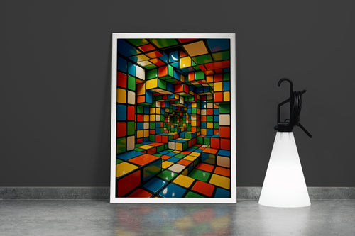 Renkli Küplerden Zeka Küpü Labirenti 3D Geometrik Desenli Soyut Kanvas Tablo