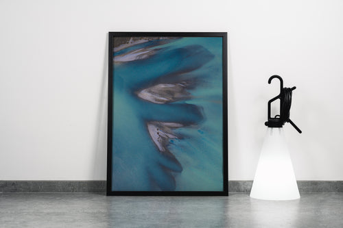 a minimalist aerial photograph of sandbars creating abstract shapes in calm, blue-grey water, abstract, art, kanvas tablo