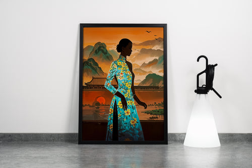 ai creation, asian flowers and asian women in the middle of sunset, ai art, art, kanvas tablo