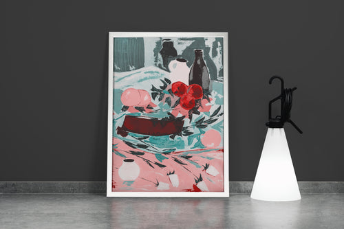 a modern still life painting of fruits and vases in a unique color palette, abstract, art, kanvas tablo