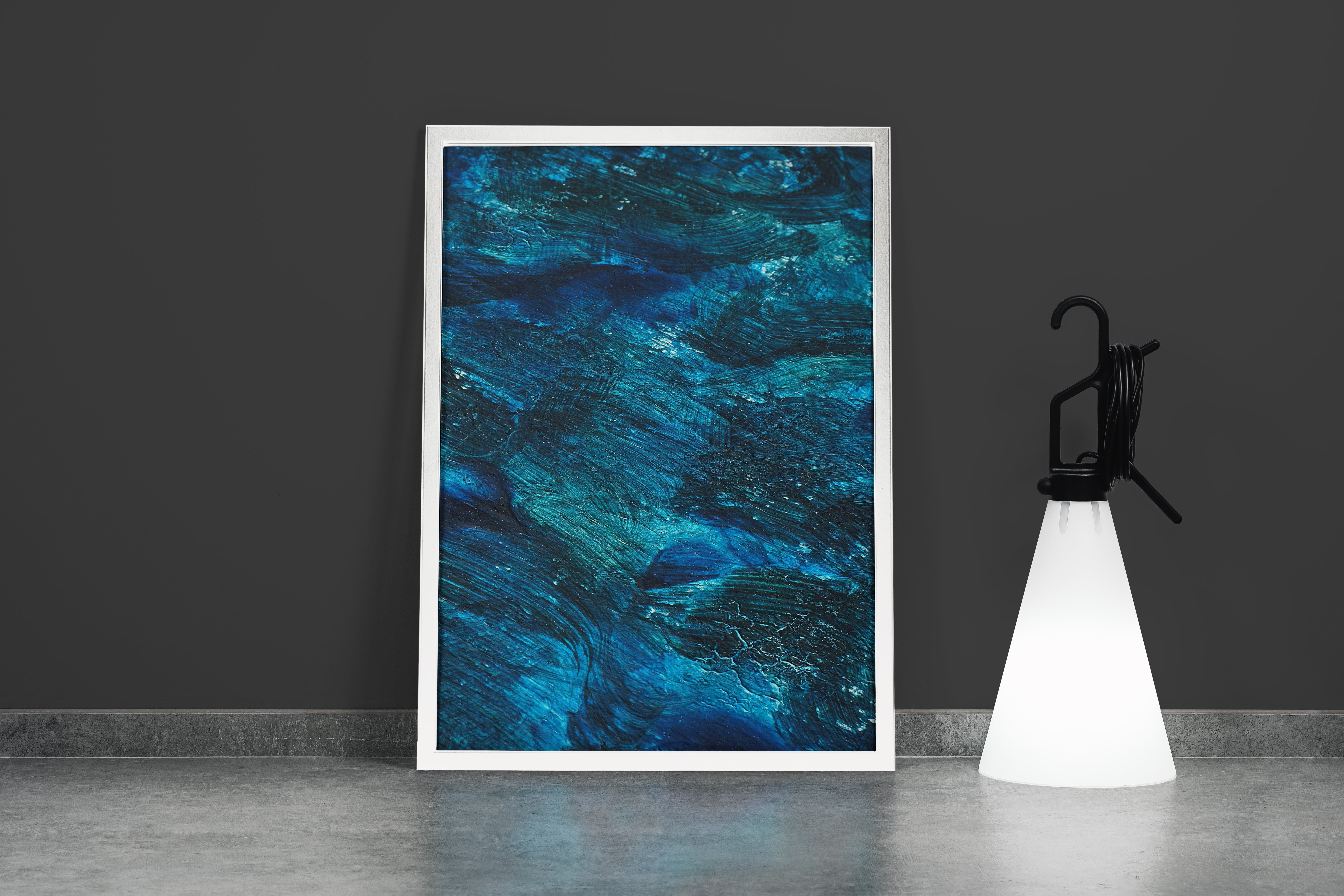 a close-up of a textured abstract painting with brushstrokes in deep blue and teal, abstract, art, kanvas tablo