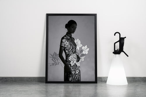 ai creation, asian flowers and asian women, grayscale, ai art, art, kanvas tablo