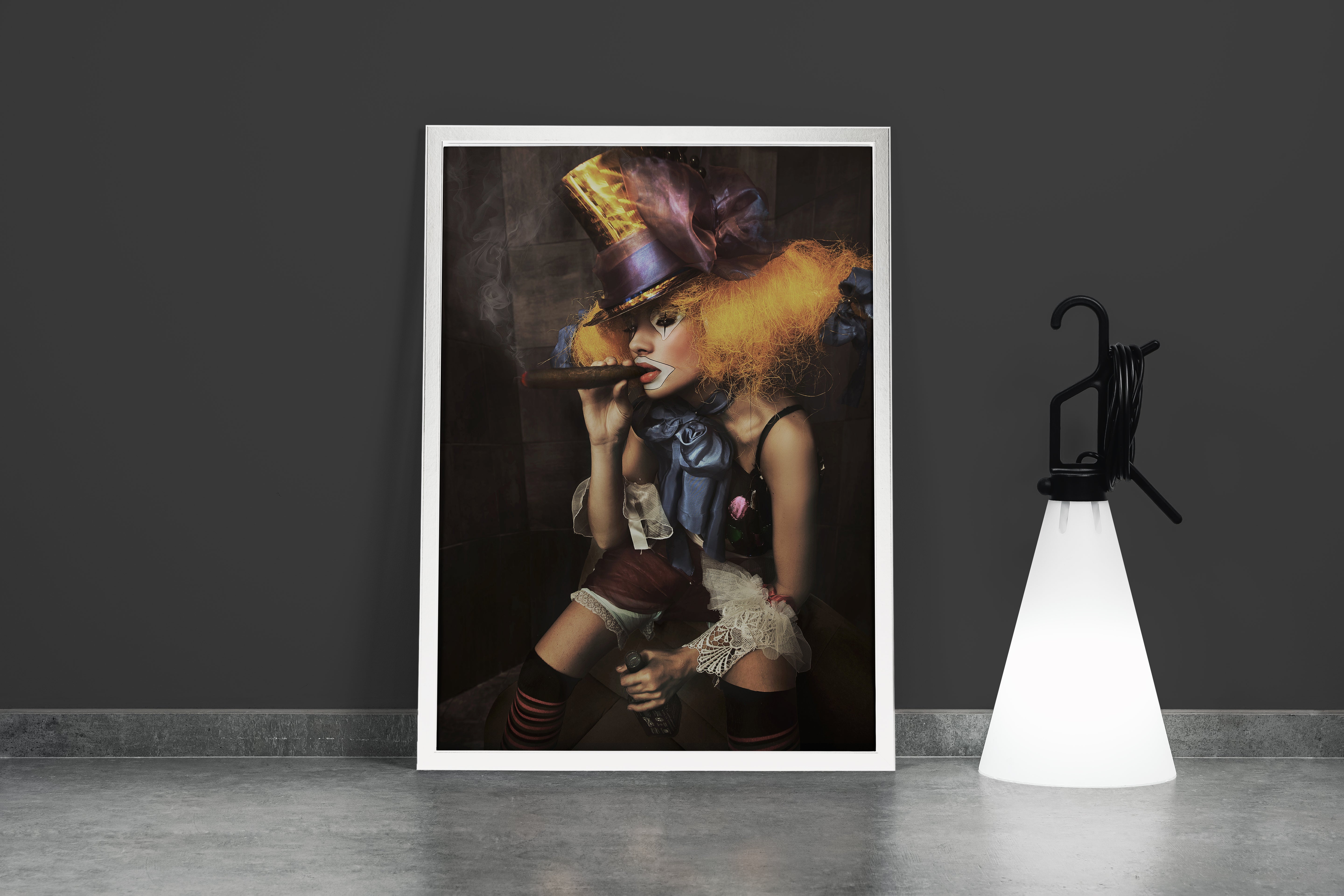 a decadent female clown with wild orange hair smoking a large cigar, art, kanvas tablo