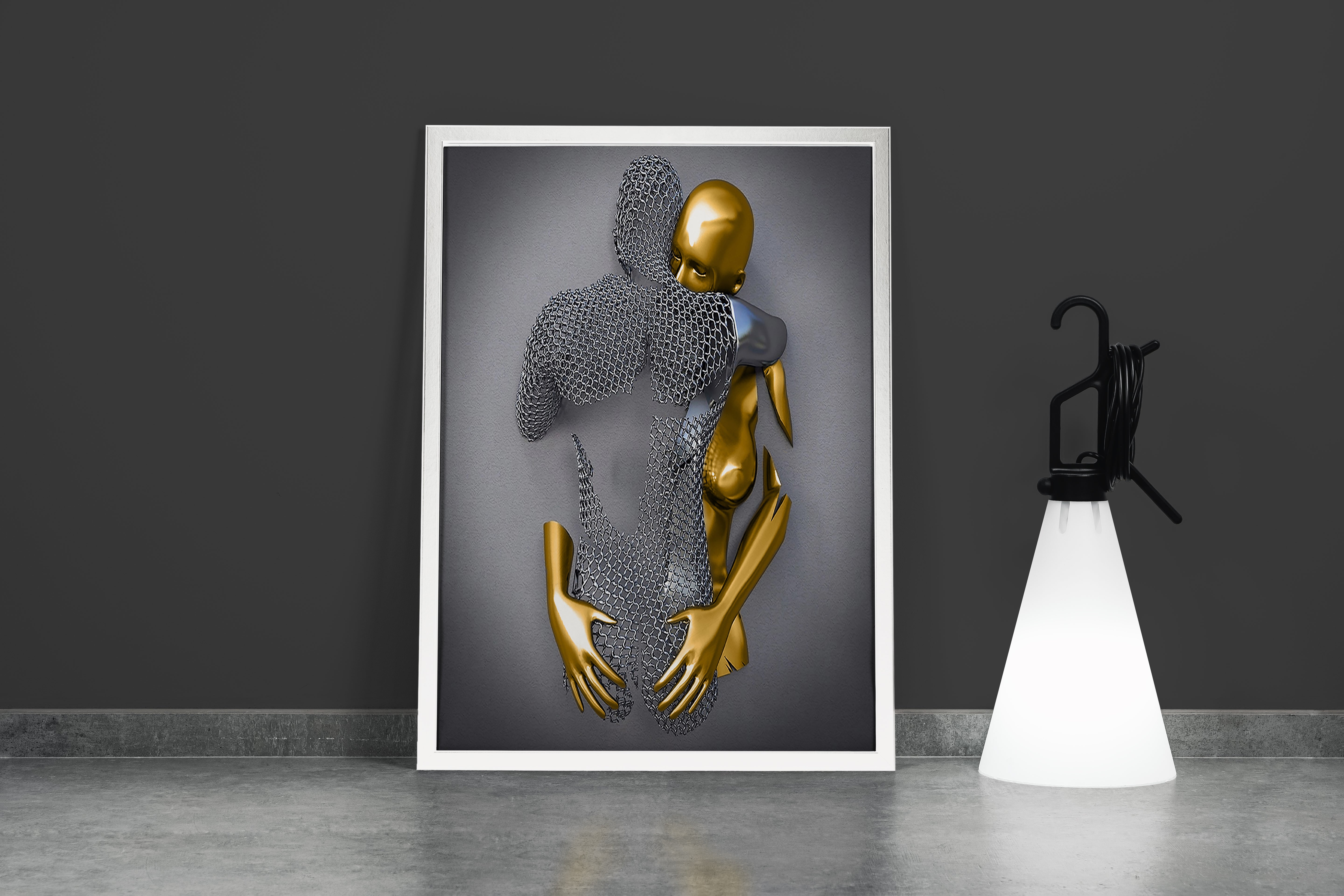 a silver mesh mother figure protectively embracing her small golden child model 3, art, kanvas tablo