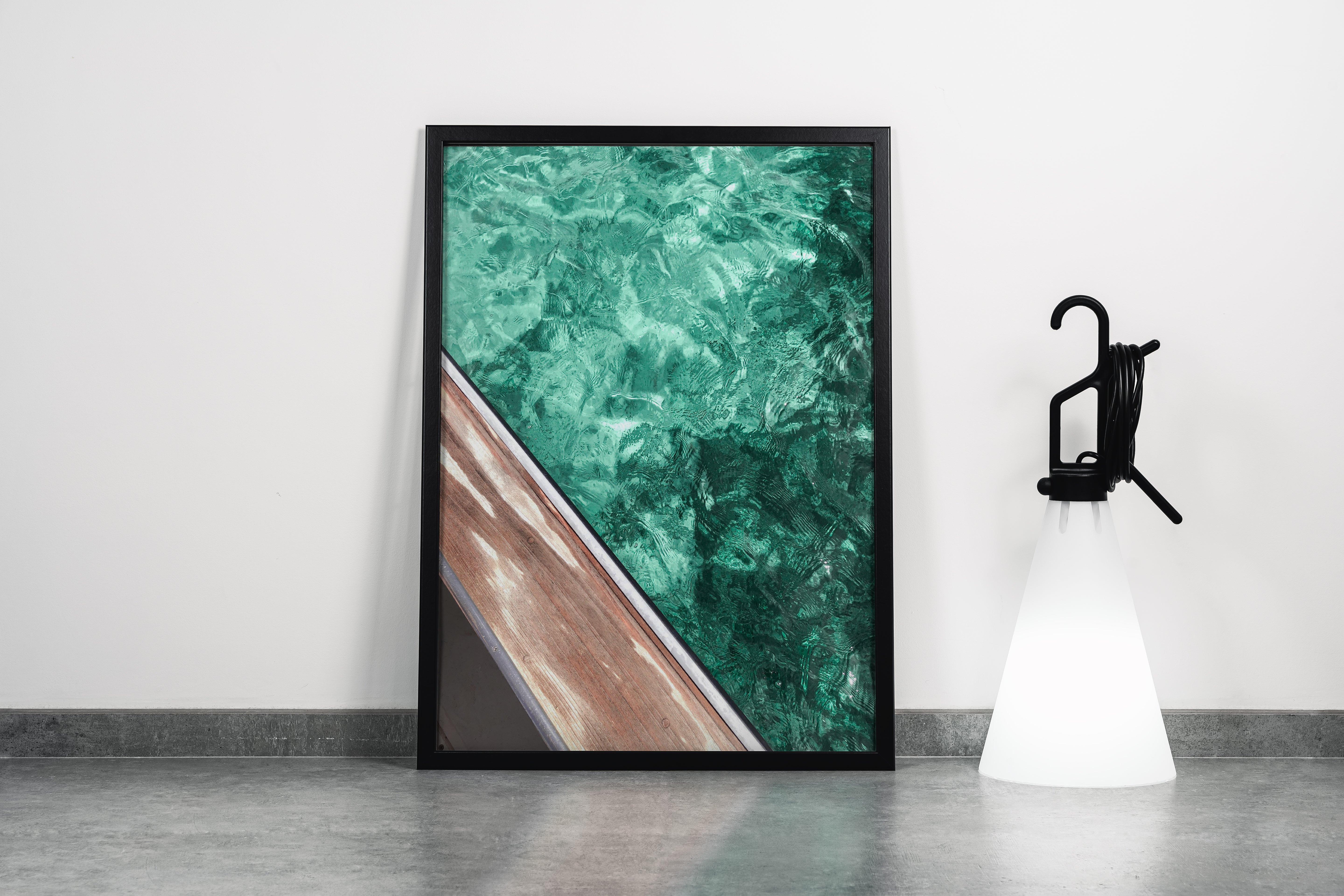 a diagonal view from a wooden deck looking down into clear, turquoise ocean water, abstract, art, kanvas tablo