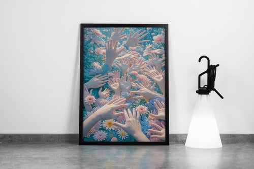 ai creation, hands jumping out of a field of flowers, ai art, art, kanvas tablo