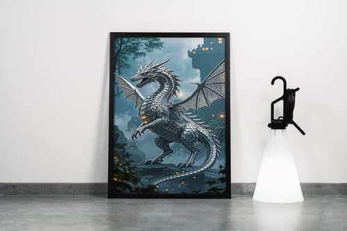 ai creation, silver plated dragon, dark themed, ai art, art, kanvas tablo