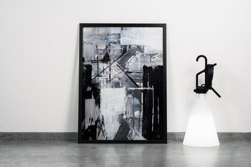 a monochromatic abstract painting featuring bold black and white shapes with heavy textures, abstract, art, kanvas tablo