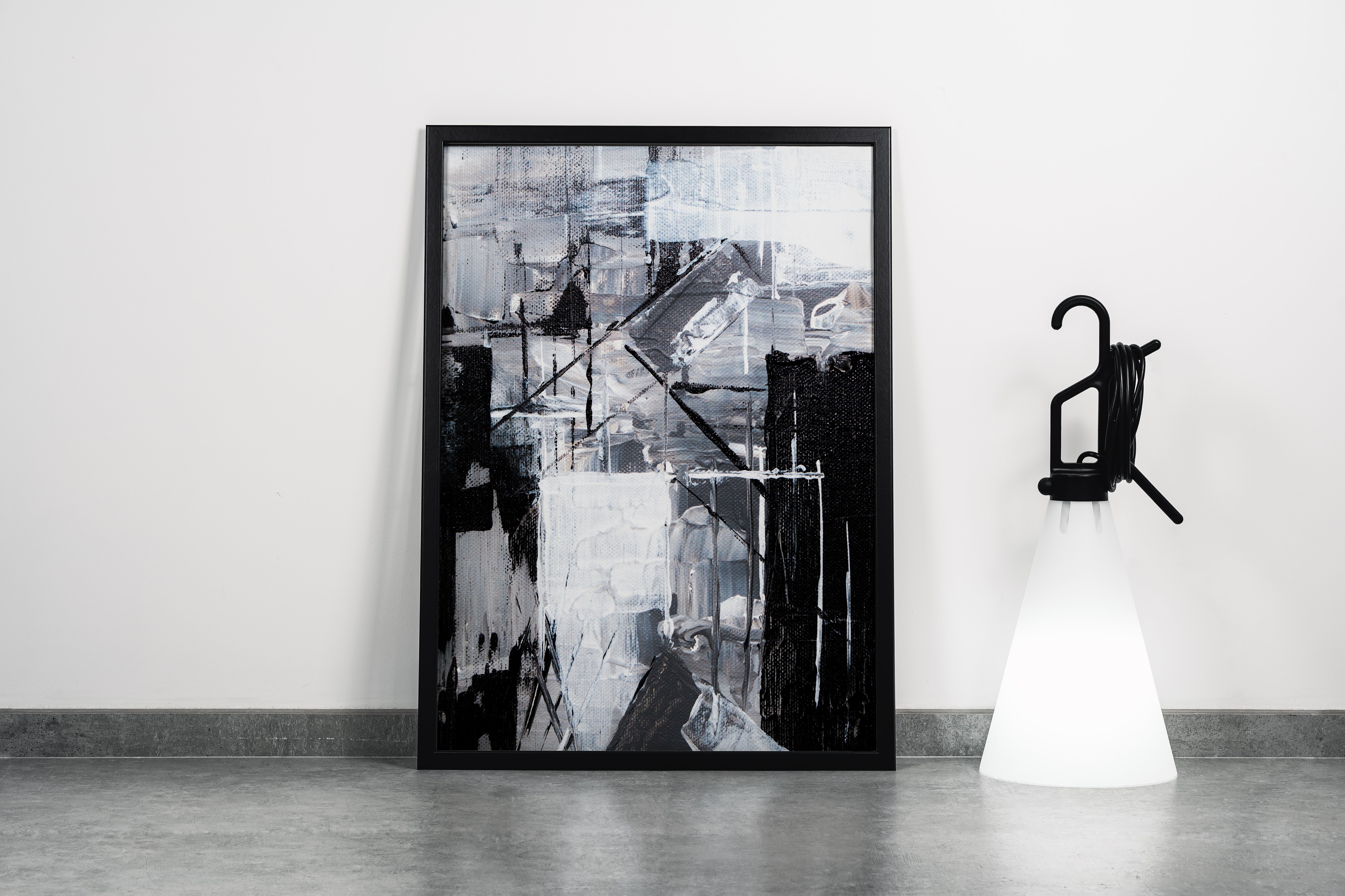 a monochromatic abstract painting featuring bold black and white shapes with heavy textures, abstract, art, kanvas tablo